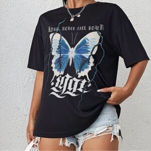 SHEIN Black Tee with Blue Butterfly Graphic